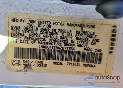 2010 Toyota Corolla Base z USA, uszkodzony, nr VIN 1NXBU4EE9AZ277566